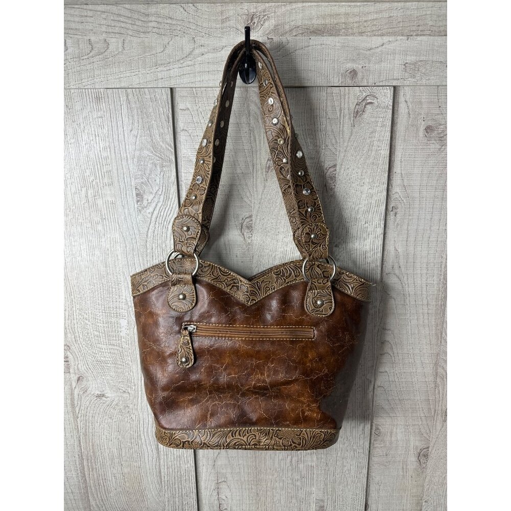 Western Style Brown Handbag Purse w/ Embossed Paisley Design & Star Horseshoe - Picture 2 of 9
